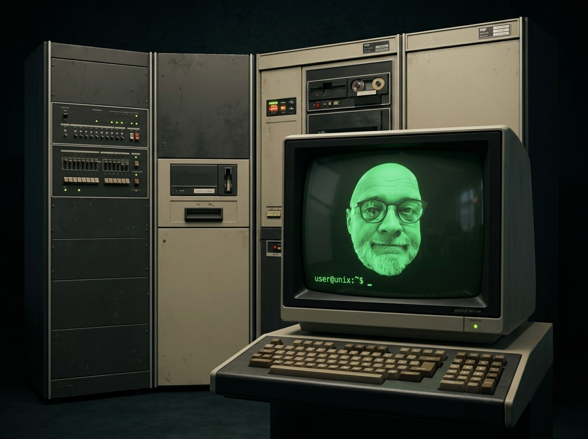 Retro-Arbeitsplatz der 70er Jahre: Grün-Phosphor-Terminal vor Großrechnern – der Geist in der Maschine